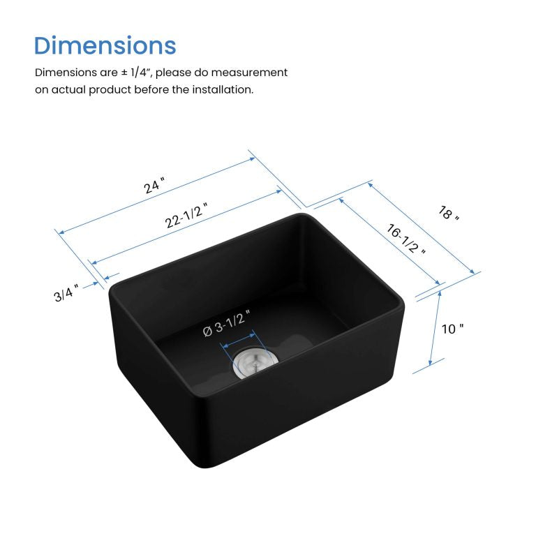 Pure 24″ Fireclay Kitchen Farmhouse Apron Front Single Bowl Sink – Matte Black