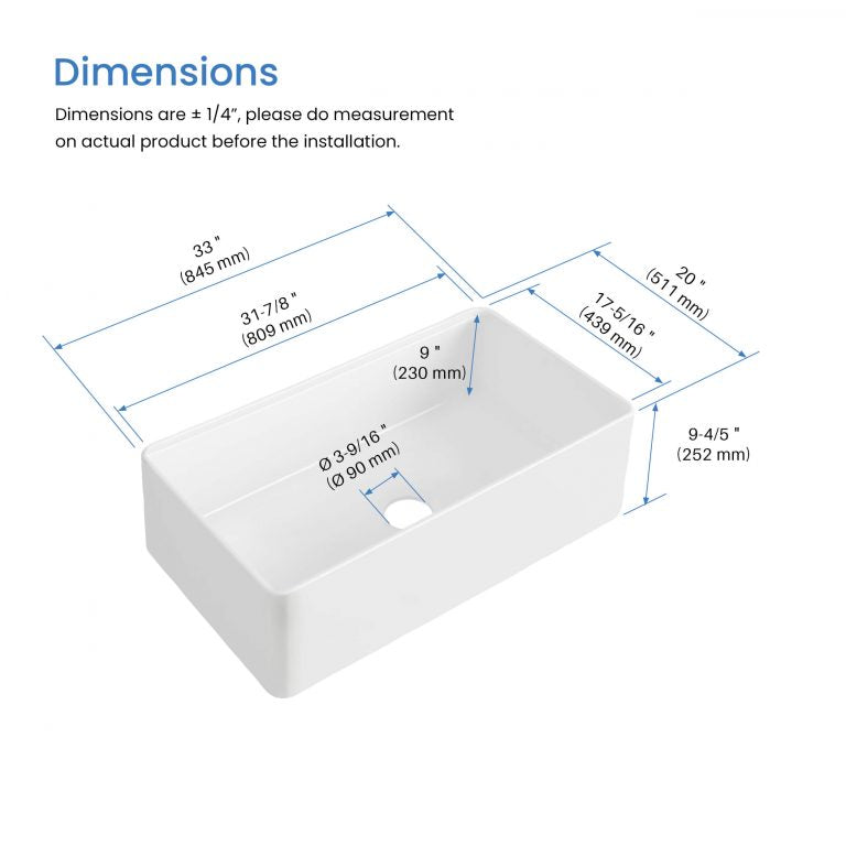 33″ Fireclay Kitchen Farmhouse Workstation Sink Pure Series